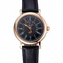 Patek Philippe Calendario perpetuo Data retrograda Quadrante nero Cassa in oro rosa Bracciale in pelle nera 1454150