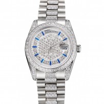 Swiss Rolex Day-Date Diamond Pavé Dial and Bezel and Stainless Steel Bracelet