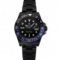 Swiss Rolex GMT Master II quadrante nero lunetta blu e nera cassa e bracciale in PVD nero