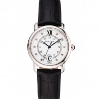 Cartier Ronde quadrante bianco Diamond Hour Marks Cassa in acciaio inossidabile Cinturino in pelle nera