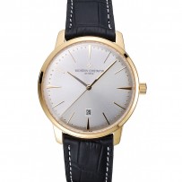 Swiss Vacheron Constantin Patrimony quadrante bianco Bracciale in pelle nera cassa in oro 1454177