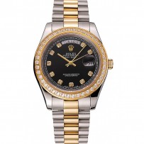 Swiss Rolex Day-Date quadrante nero cassa in oro con diamanti Bracciale in acciaio inossidabile bicolore 1453975