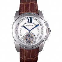 Cartier Calibre Flying Tourbillon quadrante bianco cassa in acciaio inossidabile bracciale in pelle marrone