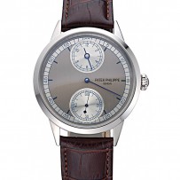 Patek Philippe Geneve Two Dial quadrante grigio lunetta in acciaio inossidabile cinturino in pelle marrone 622147