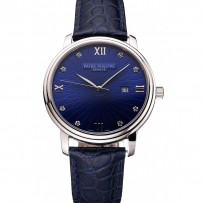 Patek Philippe Calatrava Date quadrante blu cassa in acciaio inossidabile cinturino in pelle blu