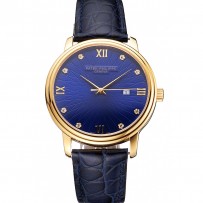 Patek Philippe Calatrava Date quadrante blu in rilievo cassa in oro cinturino in pelle blu