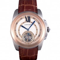 Cartier Calibre Flying Tourbillon quadrante bianco cinturino in pelle marrone con cassa bicolore