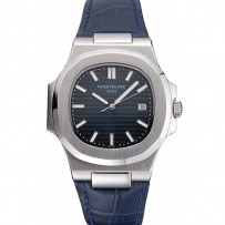 Patek Philippe Nautilus quadrante blu cassa in acciaio inossidabile spazzolato cinturino in pelle blu