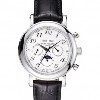 Patek Philippe Grand Complications Moon Phase quadrante bianco cinturino in pelle nera