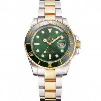 Swiss Rolex Submariner quadrante verde e lunetta in acciaio bicolore bracciale in oro