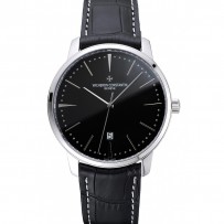 Swiss Vacheron Constantin Patrimony quadrante nero Bracciale in pelle nera cassa argento 1454156