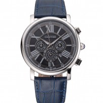 Cartier Rotonde cronografo quadrante nero cassa in acciaio cinturino in pelle blu