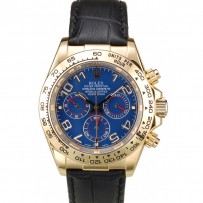 Rolex Daytona cassa in oro quadrante blu cinturino in pelle nera