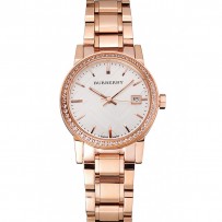 Burberry The City Quadrante Bianco Lunetta con Diamanti Cassa e Bracciale in Oro Rosa