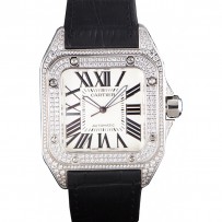 Swiss Cartier Santos lunetta in argento con diamanti e cinturino in pelle nera sct47 621531