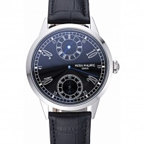 Patek Philippe Geneve Two Dial quadrante nero lunetta in acciaio inossidabile cinturino in pelle nera 622145