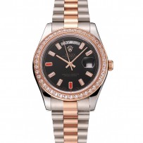 Swiss Rolex Day-Date diamanti e rubini quadrante nero oro rosa e bracciale in acciaio inossidabile 1454106