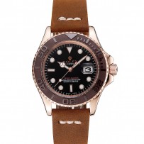 Rolex Yacht Master quadrante nero lunetta marrone cassa in oro rosa bracciale in pelle marrone 1453860