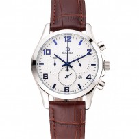 Cronografo Omega quadrante bianco numeri blu cassa in acciaio inossidabile cinturino in pelle marrone