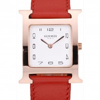 Hermes Heure H lunetta in oro rosa cinturino in pelle rossa quadrante bianco 80233