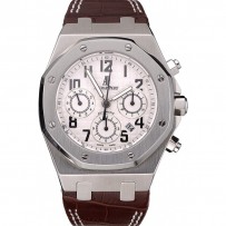 Swiss Audemars Piguet Royal Oak Cronografo quadrante bianco Cassa in acciaio inossidabile Cinturino in pelle marrone 622864