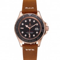 Rolex Yacht Master quadrante nero cassa in oro rosa bracciale in pelle marrone 1453861