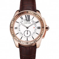 Cartier Calibre De Cartier piccoli secondi quadrante bianco cassa in oro rosa cinturino in pelle marrone