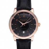 Patek Philippe Swiss Calatrava a coste lunetta quadrante nero cinturino in pelle nera 7651
