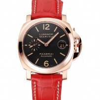 Svizzero Panerai Luminor Marina quadrante nero cinturino in pelle rossa cassa in oro rosa