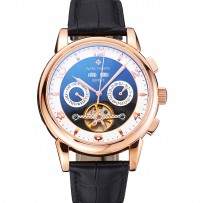 Patek Philippe calendario perpetuo tourbillon quadrante nero e bianco cassa in oro rosa cinturino in pelle nera