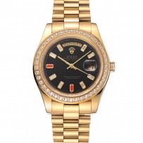 Swiss Rolex Day-Date diamanti e rubini quadrante nero bracciale in oro 1454101