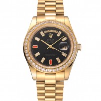 Swiss Rolex Day-Date Diamonds and Rubies Black Dial Gold Bracelet 1454101