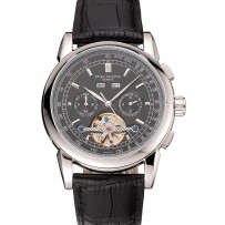 Patek Philippe Grand Complications Cassa in acciaio inossidabile Quadrante nero Bracciale in pelle nera 622.258