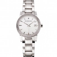 Burberry The City Quadrante Bianco Lunetta con Diamanti Cassa e Bracciale in Acciaio Inossidabile