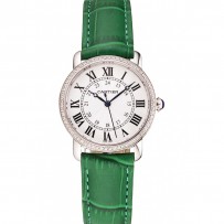 Cartier Ronde quadrante bianco diamante lunetta cassa in acciaio inossidabile cinturino in pelle verde