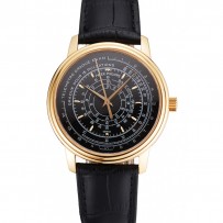 Swiss Patek Philippe cronografo multiscala quadrante nero cassa in oro cinturino in pelle nera