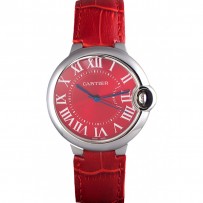 Cartier Ballon Bleu lunetta in argento con quadrante rosso e cinturino in pelle rossa 621556