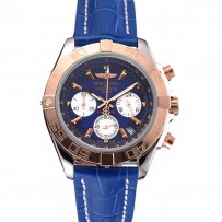 Breitling Chronomat quadrante blu cassa in acciaio inossidabile lunetta in oro cinturino in pelle blu