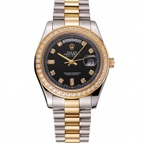 Swiss Rolex Day-Date quadrante nero cassa in oro con diamanti Bracciale in acciaio inossidabile bicolore 1453976