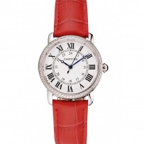 Cartier Ronde quadrante bianco diamante lunetta cassa in acciaio inossidabile cinturino in pelle rossa