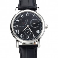 Patek Philippe Geneve Complicazioni quadrante nero lunetta in acciaio inossidabile cinturino in pelle nera 622141