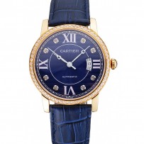 Svizzero Cartier Ronde Solo quadrante blu cassa in oro con diamanti cinturino in pelle blu