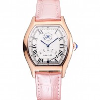 Cartier Tortue Calendario perpetuo quadrante bianco cassa in oro cinturino in pelle rosa