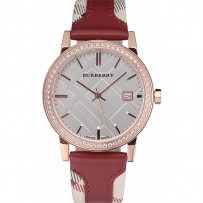 Burberry The City Classico Cassa con Diamanti Quadrante Argento Bracciale Rosso-622570