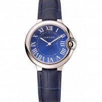 Cartier Ballon Bleu lunetta in argento con quadrante blu scuro e cinturino in pelle blu scuro 621555