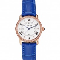 Cartier Ronde quadrante bianco diamante lunetta cassa in oro rosa cinturino in pelle blu