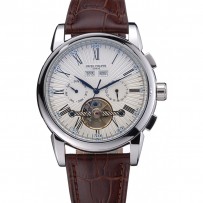 Patek Philippe Grand Complications Cassa in acciaio inossidabile Quadrante bianco Numeri romani Cinturino in pelle marrone 622254