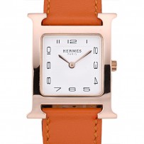 Hermes Heure H lunetta in oro rosa cinturino in pelle arancione quadrante bianco 80234