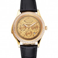 Swiss Patek Philippe Grand Complications quadrante in oro con riserva di carica e cassa con cinturino in pelle nera con lunetta in diamanti