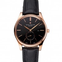 Patek Philippe Calatrava Date quadrante nero cassa in oro rosa cinturino in pelle nera